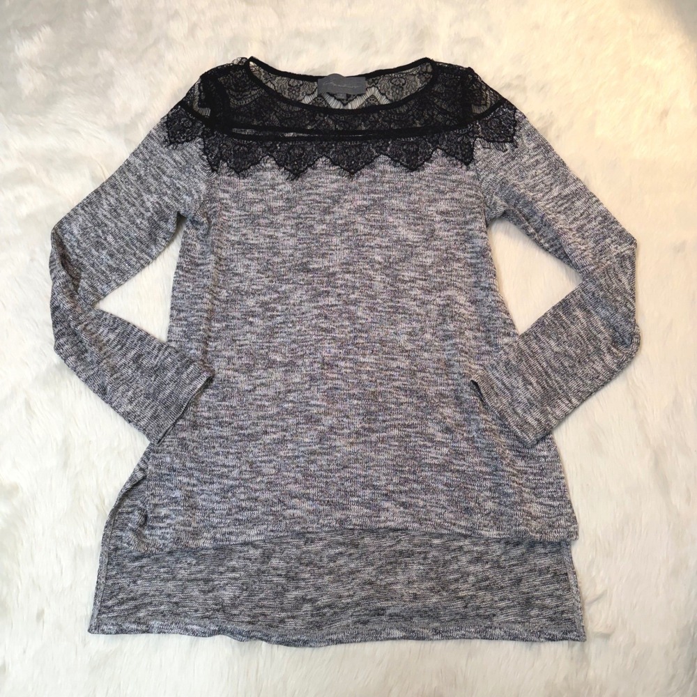 Sunday‎ in Brooklyn Knit Top Womens Small Grey Silver Metallic Lace Yoke Scallop